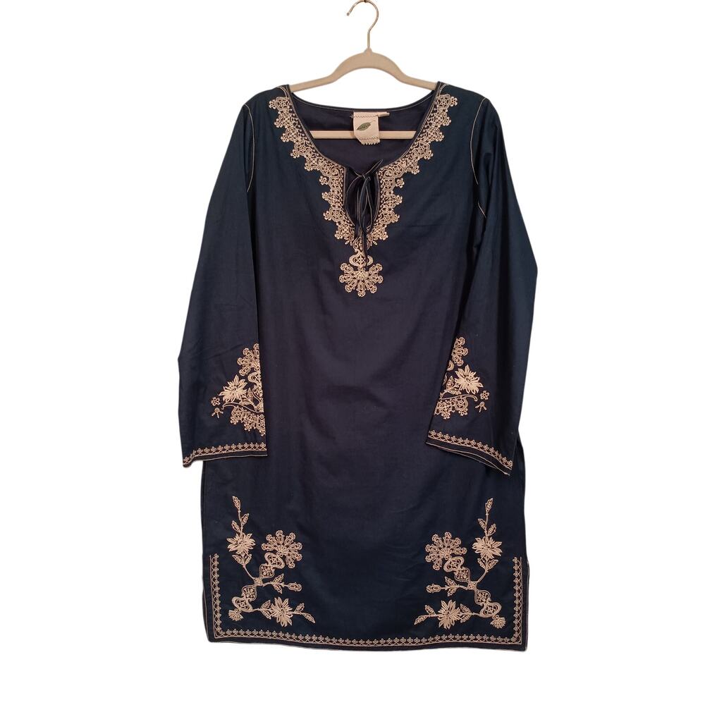 Nurture Womens Navy Embroidered Peasant Boho Knee Length Dress Lagenlook Size Lg